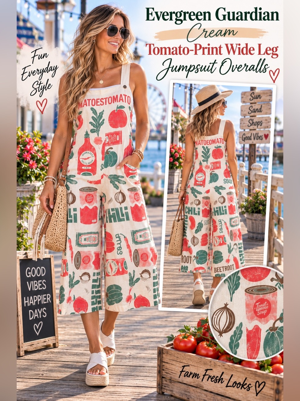 Evergreen Guardian Cream Tomato-Print Wide Leg Jumpsuit Overalls